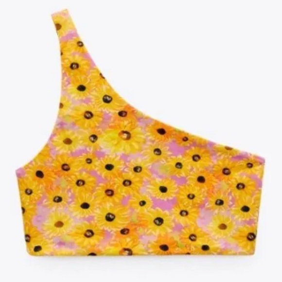 Zara Sunflower Floral pink & Yellow One-Shoulder crop tank Top small - Picture 2 of 3